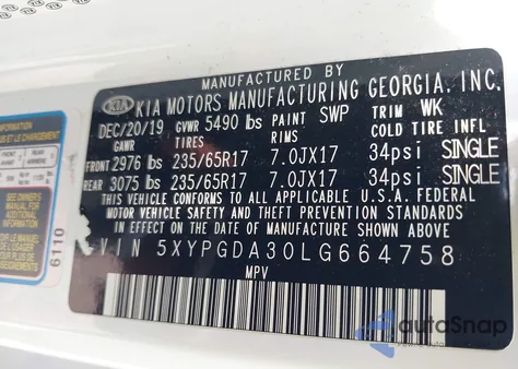 2020 Kia Sorento 2.4L Lx z USA, uszkodzony, nr VIN 5XYPGDA30LG664758